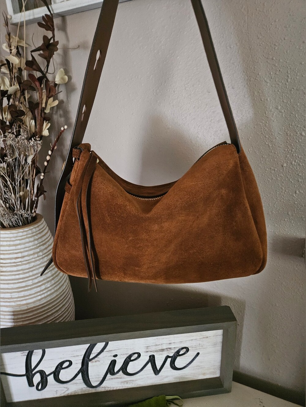 Tory Burch Brown Romy Suede Shoulder Bag | Adjustable Strap | Dust Bag Included